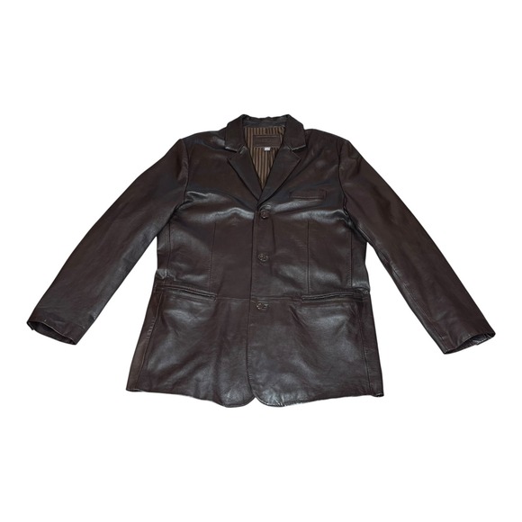 Apt 9 Mens Dark Brown 100% Leather Blazer Jacket 3 Button Sport Coat Lined 44L